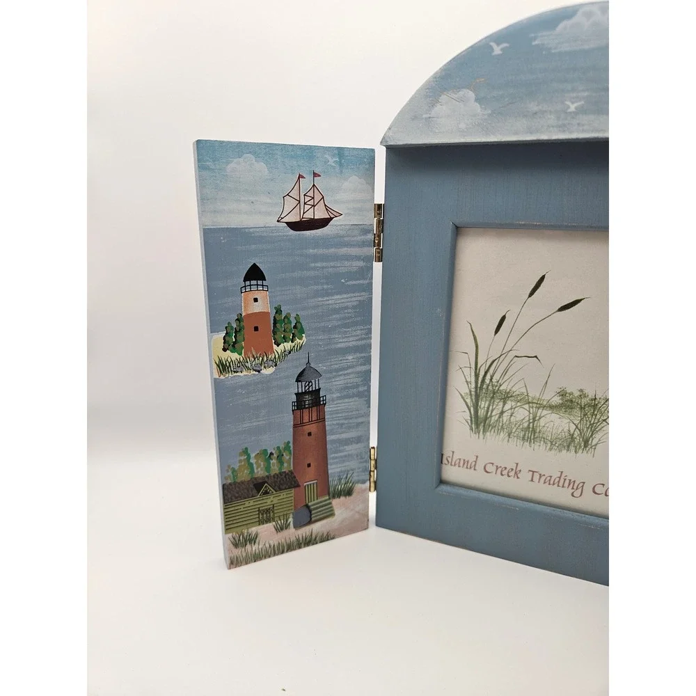 Lighthouse Tri Fold Wooden Handpainted Blue 3